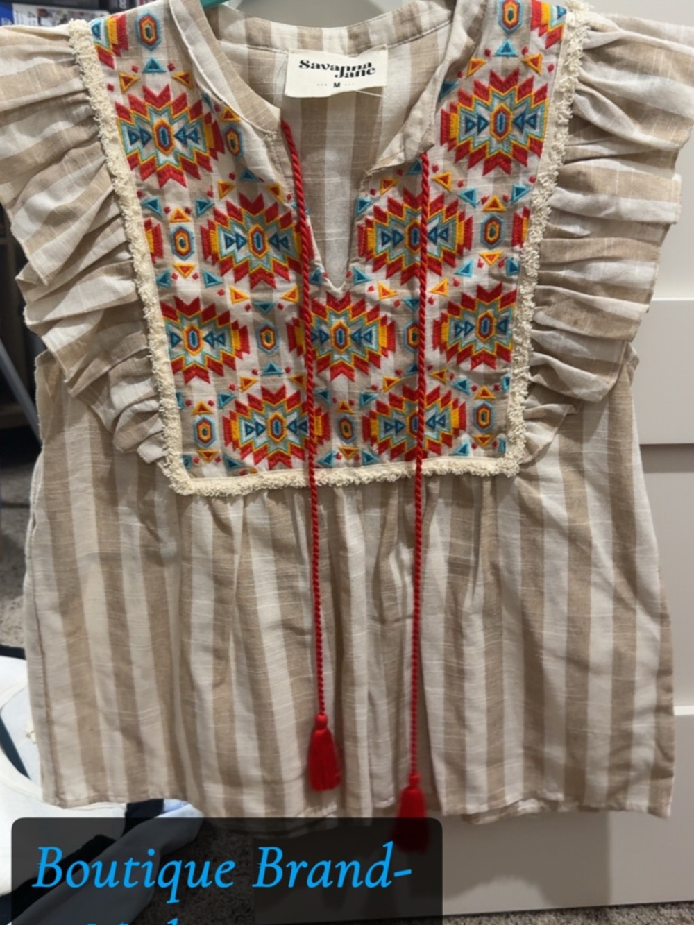 Savanna Jane Cream & Red Embroidered Tassel Peasant Top